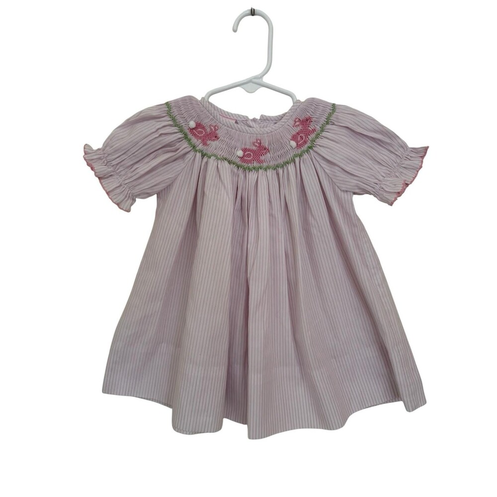 Petit Bebe Girls Pink Bunny Hand Smocked Dress 6M Easter Striped